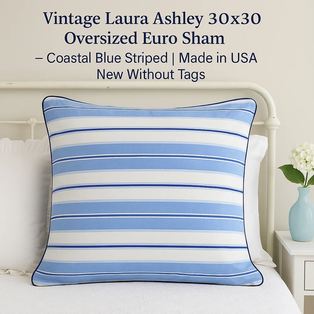 VTG NWOT Laura Ashley 30x30 Oversized Euro Sham Coastal Blue Striped - US MADE